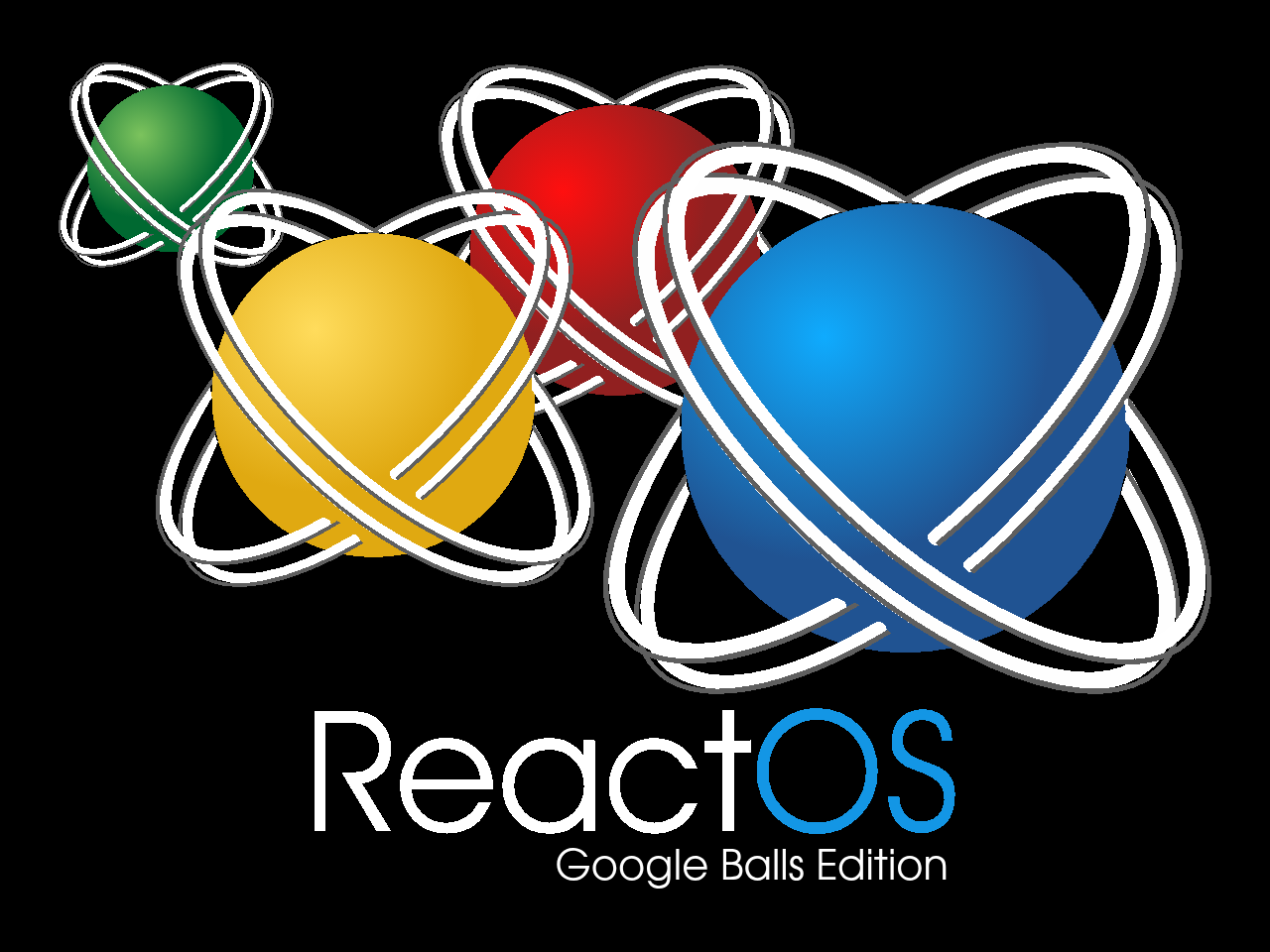 Green, yellow, red, and blue planets. ReactOS: Google Balls Edition