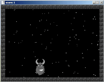 A computer program window. Inside is a dark gray colored cartoon monster with a spiked collar bouncing around left and right on the bottom. The enviroment is surrounded by a gray brick wall and a background of white dots that look like stars.