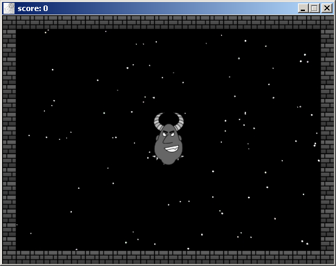 A computer program window. Inside is a dark gray colored cartoon monster with a spiked collar surrounded by a gray brick wall and a background of white dots that look like stars.