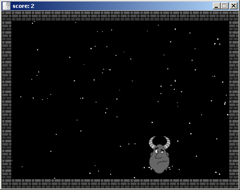 A computer program window. Inside is a dark gray colored cartoon monster with a spiked collar surrounded by a gray brick wall and a background of white dots that look like stars. The monster is making a face that looks like he's sick.